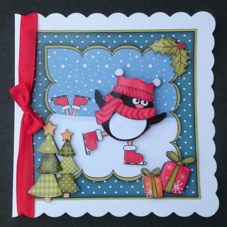 8x8 Xmas Skating Pip Penguin Mini Kit 3D Decoupage by Sue Soules