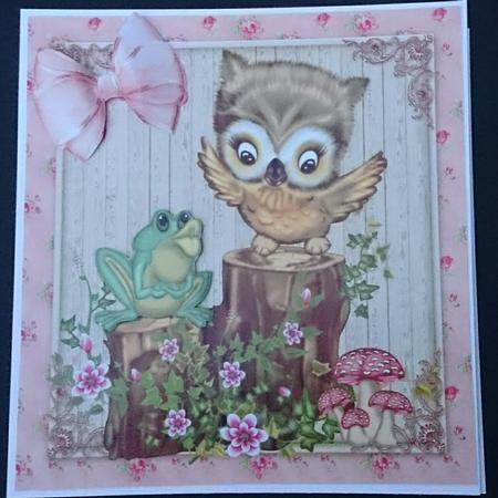 Cute Owl and Frog Sitting on a Floral Log 8x8 by Sue Soules