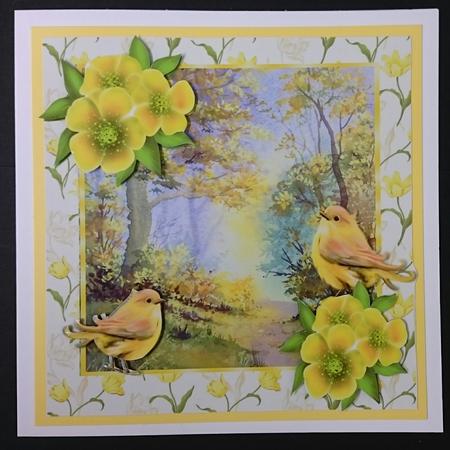 Spring is Here! Pretty Woodland with Yellow Birds 8x8 by Sue Soules
