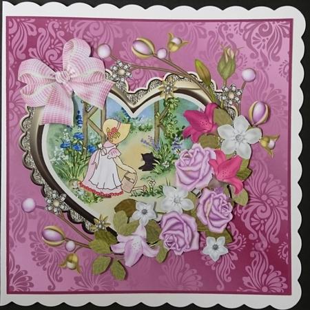 Girl Watering the Flowers with Heart Frame and Decoupage by Sue Soules