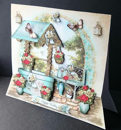 Beautiful Garden with Turquoise Wishing Well Card by Sue Soules