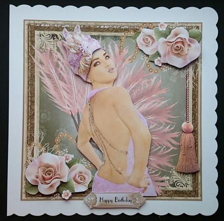 Pink Feathers Art Deco Lady Card Front Kit by Sue Soules