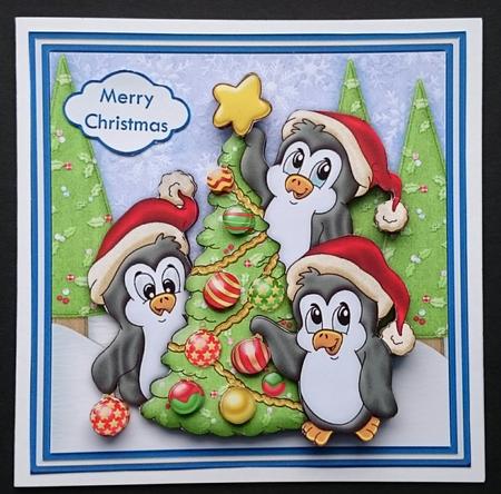 Penguins Decorating Tree Christmas Decoupage by Sue Soules