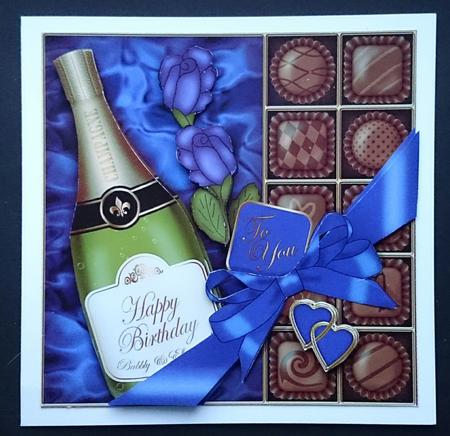 Birthday Champers Chocs N Roses Quick Card 3D Decoupage by Sue Soules