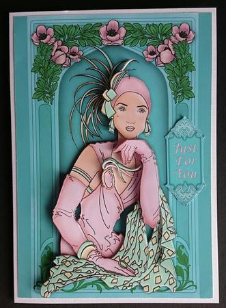Art Deco Lady in Pink and Teal Decoupage by Sue Soules