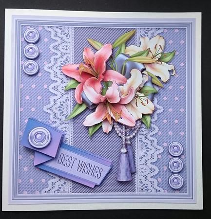 Pink and Cream Lilies on a Lace Border 8x8 Decoupage Kit by Sue Soules