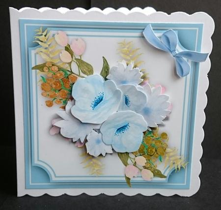 Beautiful Blue Flowers on Cut Out Bracket  by Sue Soules