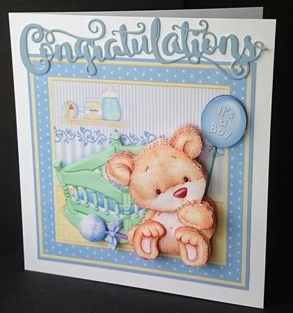 New Baby Boy Bear & Cradle 8x8 Decoupage Mini Kit by Sue Soules