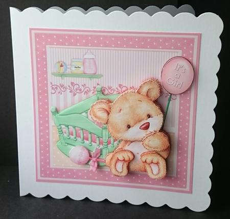 New Baby Girl Bear & Cradle 8x8 Decoupage Mini Kit by Sue Soules