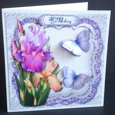 Lovely Irises on a Glittered Mat with Butterfly's by Sue Soules