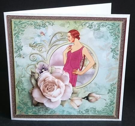 Art Deco Lady and Rose 7x7 Card with Decoupage by Sue Soules