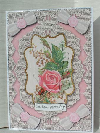 Butterfly Pink Roses A5 Lace Bracket Card Front Step by Step by Sue Taylor