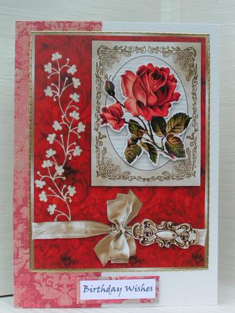 Red Rose & Faded Papers - Card Front with Decoupage by Sue Taylor