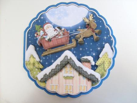 Santa in Flight Scallop Shape Card & Decoupage by Sue Wright