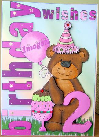 Birthday Girl Bear Age Two A4 Card Front and Decoupage by Sue Way