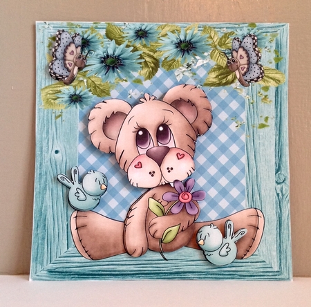 Cute blue floral bear card front by Susan Byczko