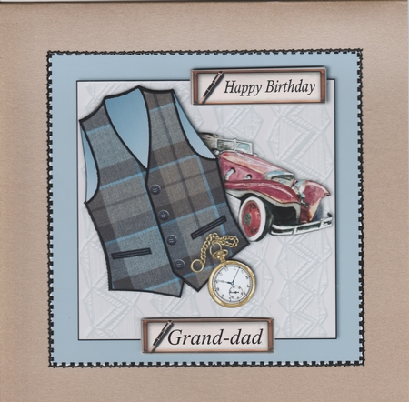 Male birthday card with Outlander style tartan waistcoat,pocket watch and vintage car topper for 6x6 card by Susan Cummings
