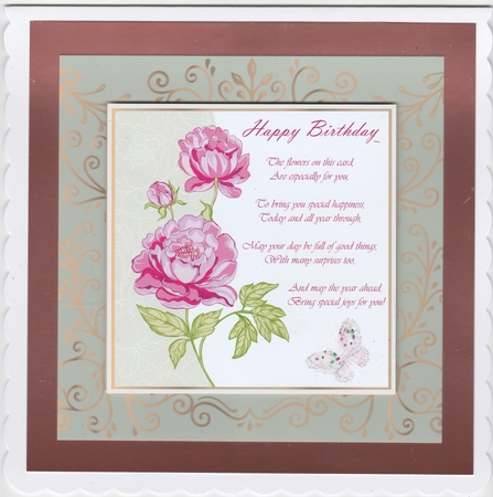 Grey and Gold Framed Peonies Birthday Card Front with Insert and Gift Tag by Susan Cummings