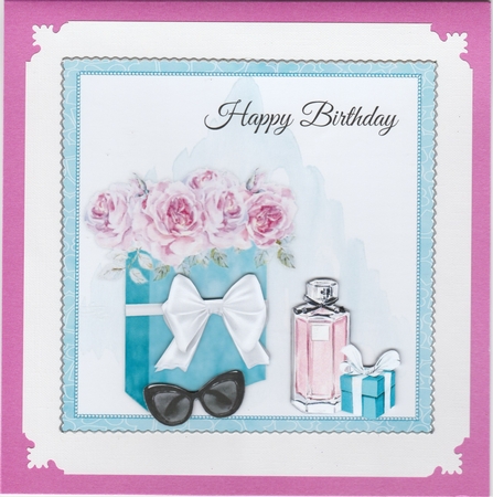 Breakfast at Tiffanys inspired flower and perfume card topper for 6x6 card by Susan Cummings