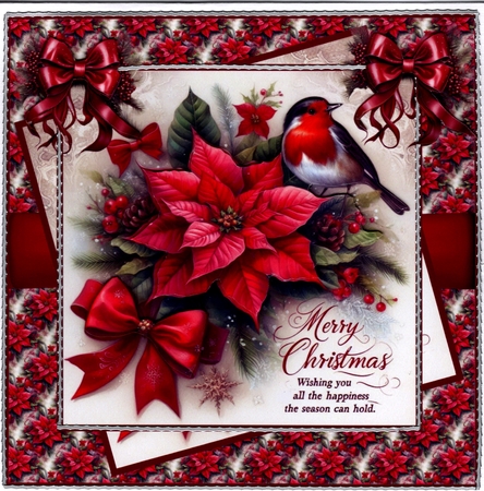 Traditional poinsettias and Robin 8x8 by Susan Cummings