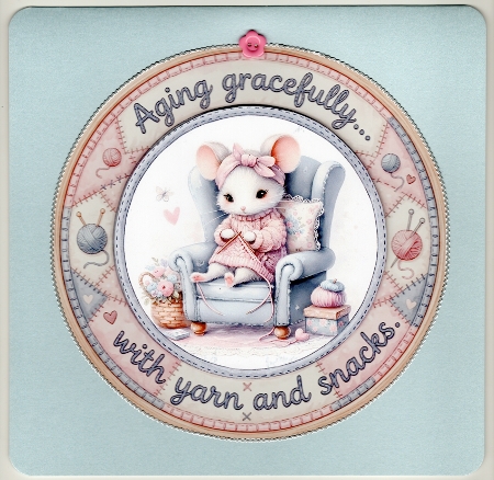 Aging gracefully with yarn and snacks. Gift bag, Money wallet, Tag, Bauble, Gift Card, Envelope. Large Image, Image without border. by Susan Cummings