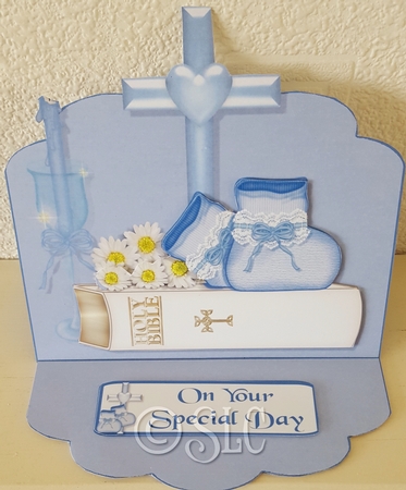 Boys Christening Easel Card with Decoupage by Susan Cummings