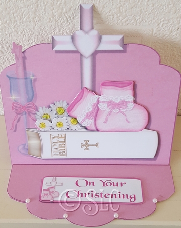 Girls Christening Easel Card with Decoupage by Susan Cummings
