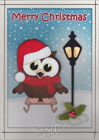 Christmas Cute Little Hoot Owl Lamp Post 5x7 3D Decoupage by Susan Cummings