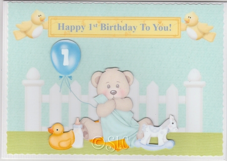 Happy 1st Birthday Bear Topper & Decoupage - Boy by Susan Cummings