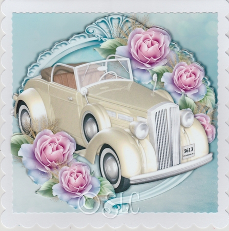 Beautiful Cream Wedding Car with Blue Roses 8x8 by Susan Cummings