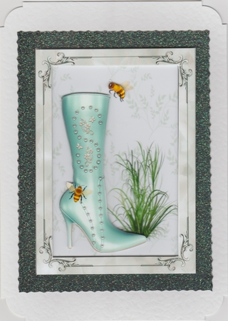 Aqua Green Boot and Bee Card Front by Susan Cummings