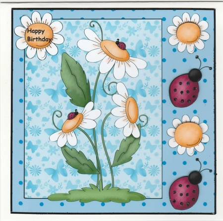 Blue Ladybird and Daisy Card Front by Susan Cummings