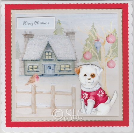Puppy has a Christmas jumper on 7x7 card by Susan Cummings
