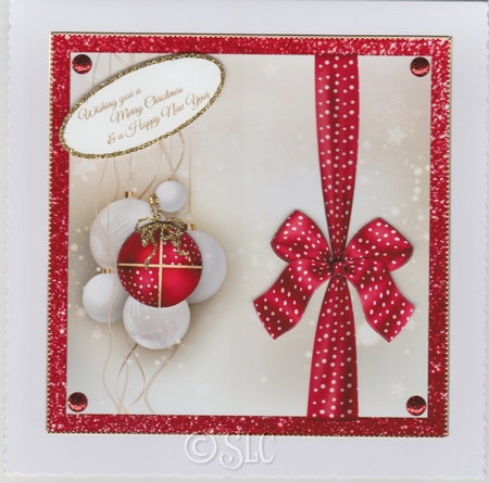 Red bauble and Bow Christmas Card by Susan Cummings