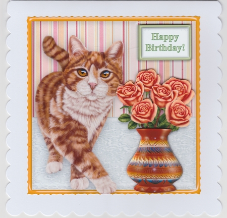 Ginger Tabby Cat Tiptoeing Round The Roses - 8 x 8 Card Topper by Susan Cummings