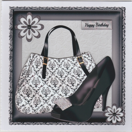 Beautiful Black & White Handbag With Black Satin Shoe 8x8 by Susan Cummings