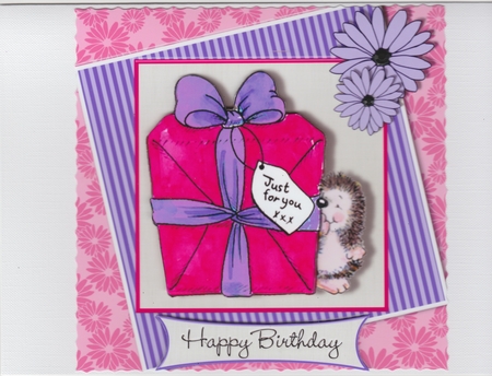 Cute hedgehog holding gift stamp birthday 6 x 6 topper card various greetings by Susan Cummings