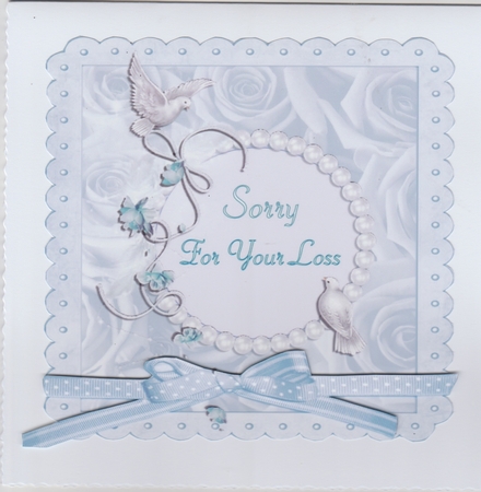 Beautiful pale blue doves and Lily Sympathy card front by Susan Cummings