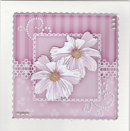 6x6 A Touch of Elegance Flowers, Lace & Pearls quick card front with 3D decoupage by Susan Cummings