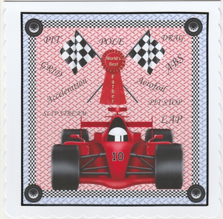 Red F1 Fathers Day/Birthday card front 1 by Susan Cummings