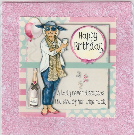 Funny female birthday card topper with various greetings for 6 x 6 card stock by Susan Cummings