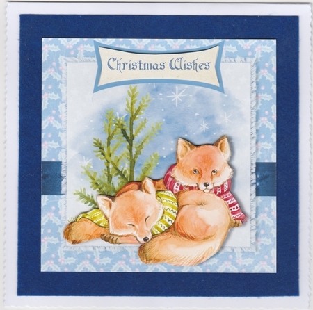 Foxes in scarves christmas card topper for 6 x 6 card by Susan Cummings