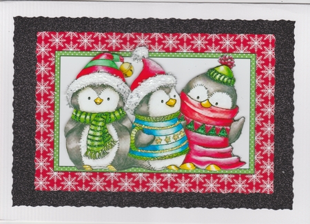 Penguin Trio Card Topper (Red/green) by Susan Cummings
