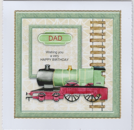6 x 6 ins Green Train Topper and decoupage, choice of name tag, Birthday by Susan Cummings