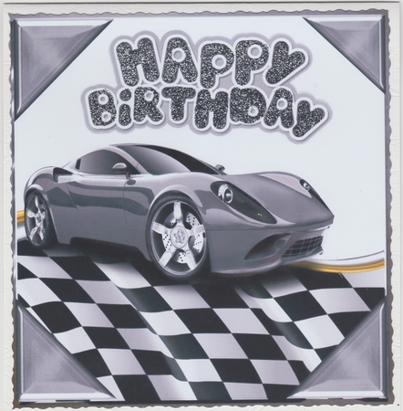 Silver sports car in chequered effect frame 8x8 by Susan Cummings
