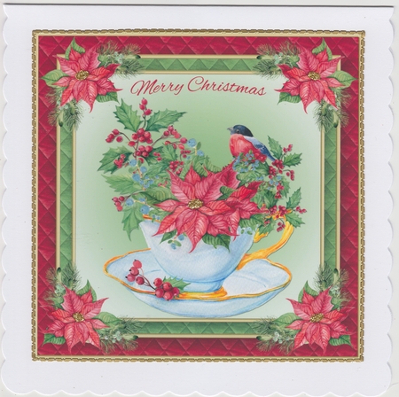 Teacup Christmas Bird Card Front by Susan Cummings