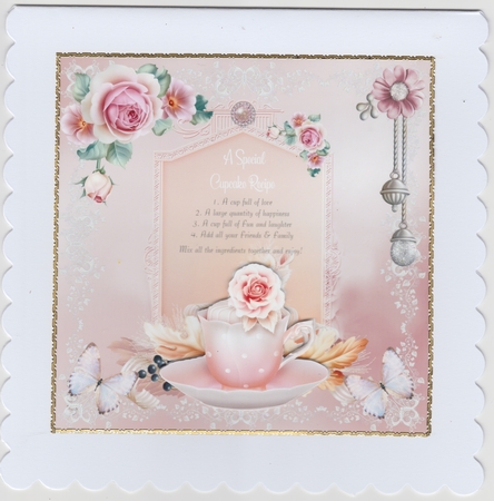 Cup cake recipe card front with verse. decoupage and sentiments by Susan Cummings