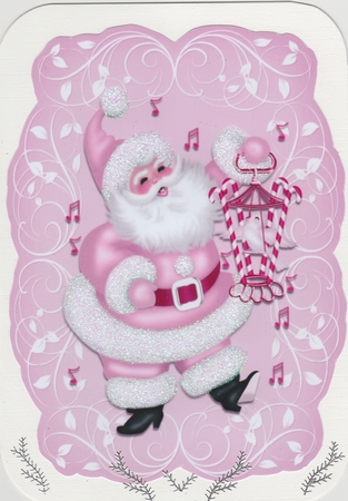 Lovely santa . pink poinsettias on a pretty scroll topper  by Susan Cummings