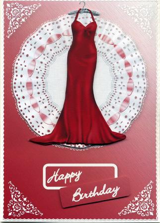Red Dress on Lace Card Front by Susan Cummings