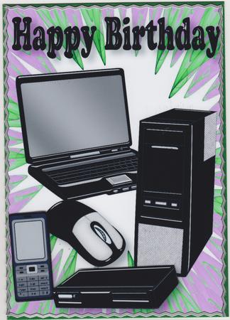 Mobile, Laptop, Etc in Green/pink Background by Susan Cummings